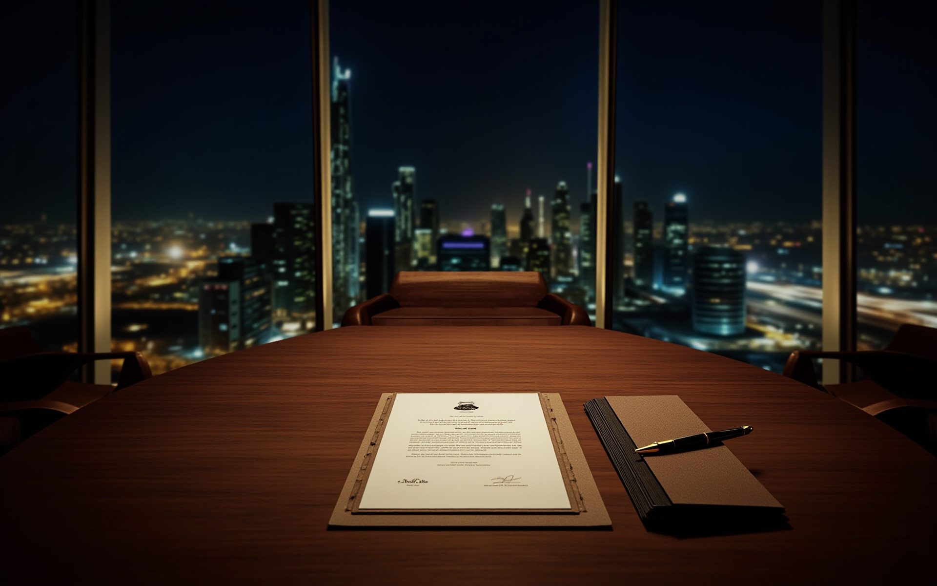 Boardroom table with a contract and fountain pen overlooking Dubai at night