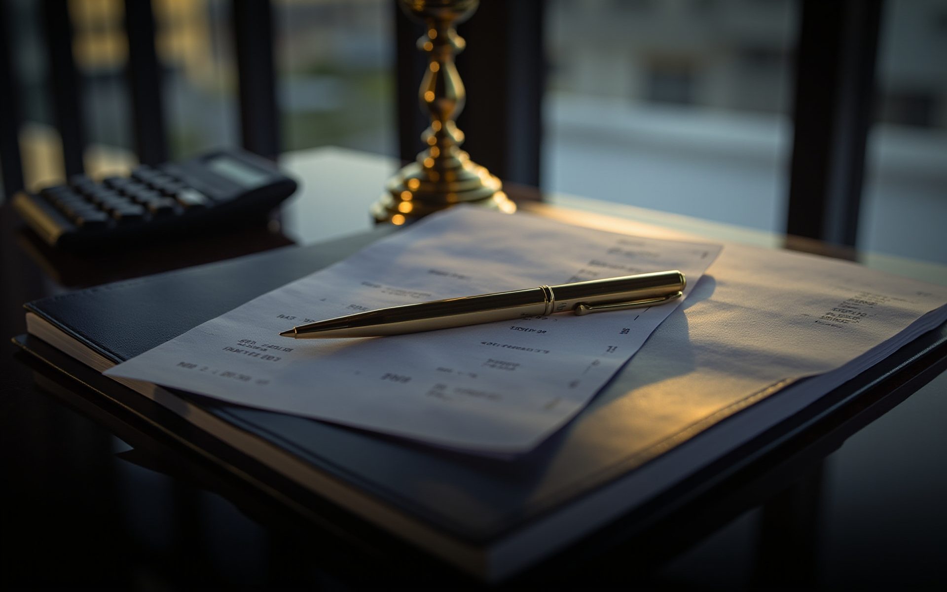 Invoices and an accounting ledger with a gold pen and calculator on a dark desk