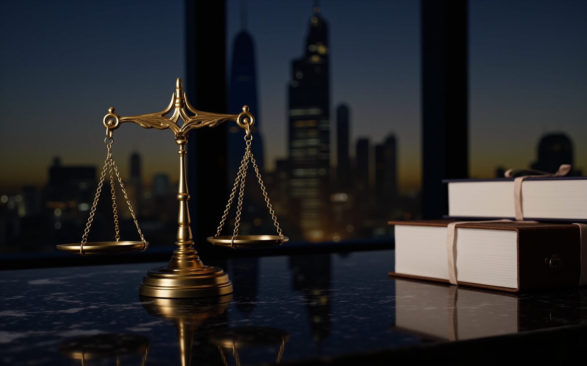 Brass scales of justice and bound case files on a marble desk, Dubai skyline at dusk