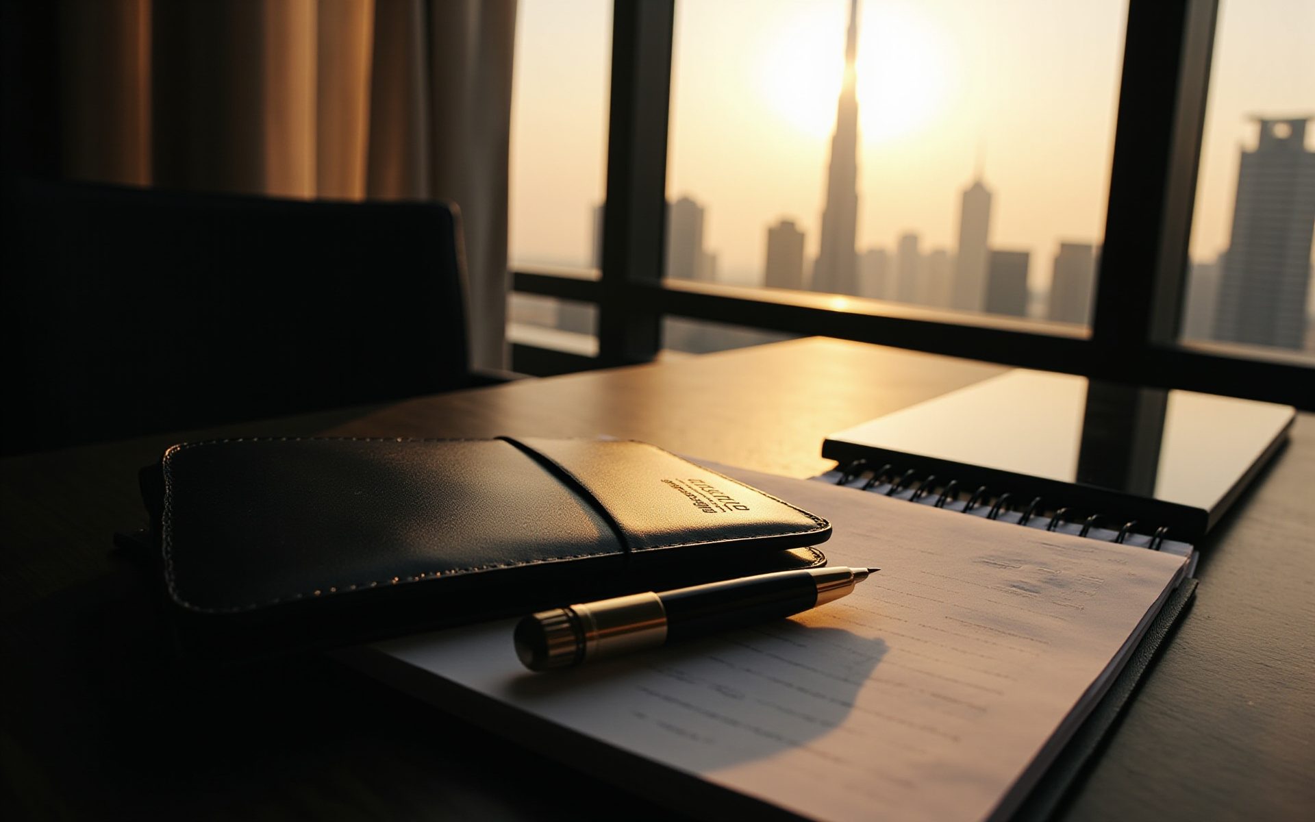 Leather document wallet and fountain pen on a desk, Burj Khalifa at sunrise beyond the window