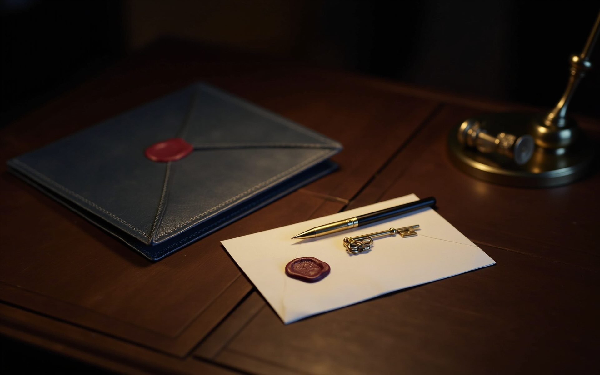 Leather folder and envelope closed with red wax seals beside a brass key and pen